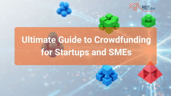 The title of a guide, "Guide to Crowdfunding for Startups and SMEs," set against an abstract digital background with geometric shapes.